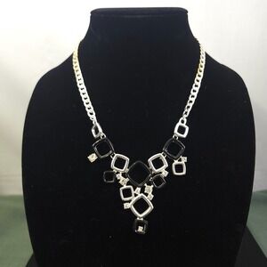 GV9 Gold Silver Tone Chain Necklace With‎ Silver & Black Geometric Bib